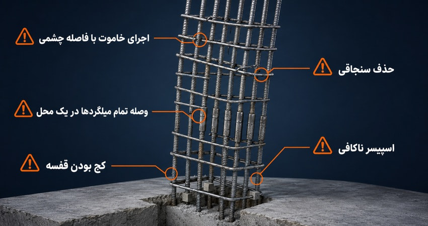 اشتباهات رایج آرماتور بندی ستون شامل خاموت و سنجاقی و وصله