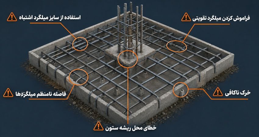 اشتباهات رایج در آرماتور بندی فونداسیون و کنترل شبکه میلگرد